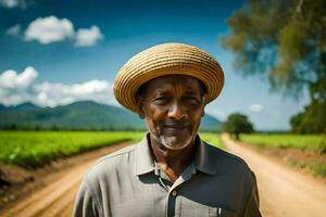 une homme dans une paille chapeau permanent dans une saleté route. généré par ai photo