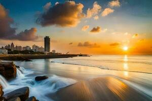 le Soleil ensembles plus de le ville horizon dans Bombay. généré par ai photo