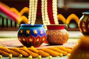 Trois coloré des vases sur une table avec or perles. généré par ai photo