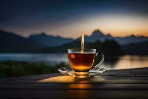 une tasse de thé sur le lac. généré par ai photo