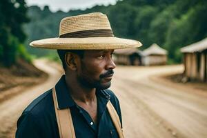 une homme portant une paille chapeau des stands sur une saleté route. généré par ai photo