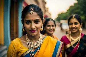 Trois femmes dans traditionnel saris permanent dans le rue. généré par ai photo