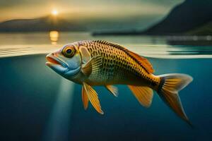 une poisson nager dans le l'eau à le coucher du soleil. généré par ai photo