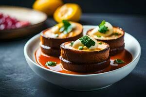 Trois farci aubergine dans une blanc bol avec sauce. généré par ai photo