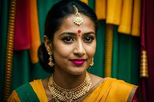 une femme dans une sari pose pour une portrait. généré par ai photo