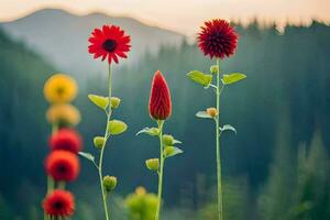 rouge fleurs dans le montagnes. généré par ai photo