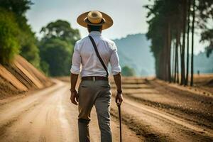 une homme dans une chapeau en marchant vers le bas une saleté route. généré par ai photo