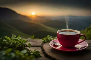 une tasse de café sur une en bois table avec une vue de le montagnes. généré par ai photo