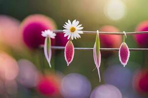 une fleur est pendaison de une branche avec deux rose fleurs. généré par ai photo