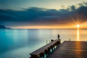 une homme des stands sur une Dock à le coucher du soleil. généré par ai photo