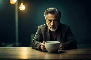 une homme séance à une table avec une tasse de café. généré par ai photo