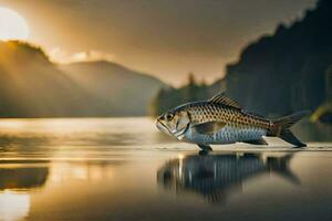 une poisson est permanent sur le l'eau à le coucher du soleil. généré par ai photo