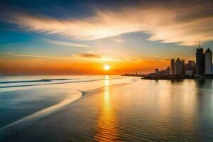 le Soleil ensembles plus de le ville horizon dans Dubai. généré par ai photo