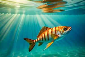 une poisson nager dans le l'eau avec lumière du soleil brillant bas. généré par ai photo