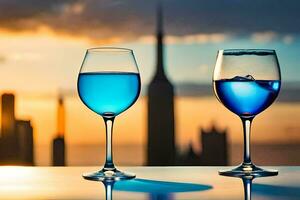 deux du vin des lunettes avec bleu liquide sur une table dans de face de une ville ligne d'horizon. généré par ai photo