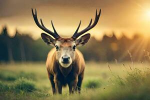 une cerf avec bois est permanent dans le herbe. généré par ai photo