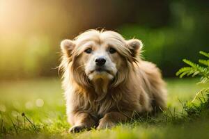 une chien séance dans le herbe avec lumière du soleil brillant sur il. généré par ai photo