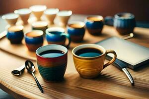 café tasses et cuillères sur une en bois tableau. généré par ai photo