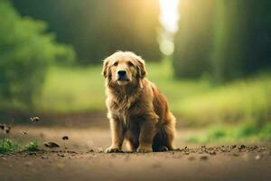 une d'or retriever séance sur le sol dans le milieu de une forêt. généré par ai photo