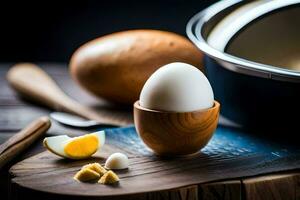 un Oeuf est séance sur une en bois Coupe planche suivant à une pot. généré par ai photo