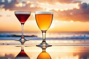 deux des lunettes de du vin sur le plage à le coucher du soleil. généré par ai photo