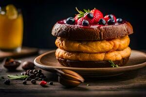 une empiler de Crêpes avec baies et des noisettes. généré par ai photo