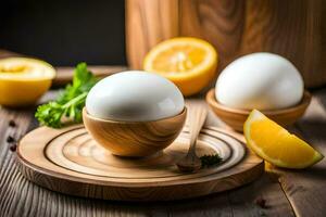 des œufs dans une bol avec citron tranches sur une en bois tableau. généré par ai photo