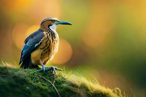 une oiseau séance sur Haut de une herbeux colline. généré par ai photo