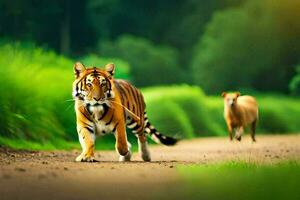 une tigre en marchant sur une saleté route avec une vache. généré par ai photo