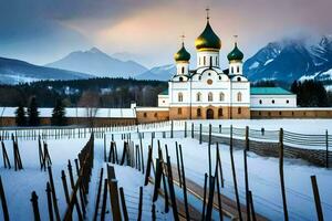 une église dans le neige avec montagnes dans le Contexte. généré par ai photo