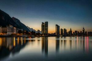 le ville horizon à crépuscule dans une Lac avec montagnes dans le Contexte. généré par ai photo