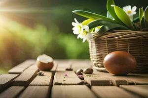 le Pâques œuf, fleurs, panier, bois, nature, printemps, fleurs, printemps,. généré par ai photo