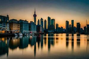 le horizon de Shanghai à le coucher du soleil. généré par ai photo