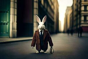 une lapin habillé dans une costume et attacher est en marchant vers le bas le rue. généré par ai photo