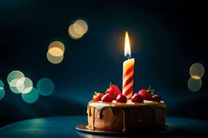 une anniversaire gâteau avec une allumé bougie. généré par ai photo