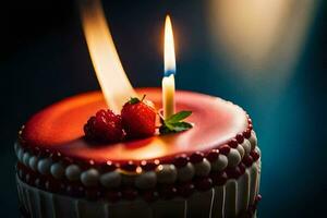 une rouge anniversaire gâteau avec une Célibataire bougie. généré par ai photo