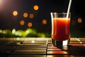 une verre de Orange jus sur une en bois tableau. généré par ai photo