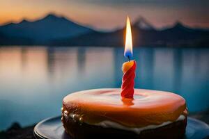 une anniversaire gâteau avec une Célibataire bougie sur Haut. généré par ai photo