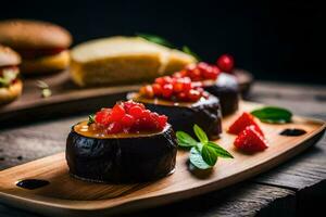 Trois petit desserts sur une en bois Coupe planche. généré par ai photo