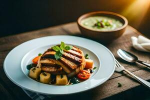 une assiette de nourriture avec Viande et des légumes sur il. généré par ai photo