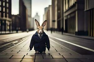 une lapin habillé dans une costume et attacher permanent sur une rue. généré par ai photo