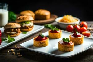 une table avec mini sandwichs, salade et autre aliments. généré par ai photo