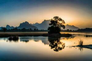 le Soleil monte plus de une Lac et montagnes. généré par ai photo