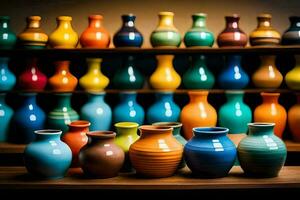 une rangée de coloré des vases sur une étagère. généré par ai photo