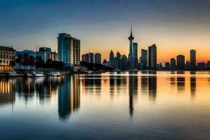 le ville horizon est réfléchi dans le l'eau à le coucher du soleil. généré par ai photo