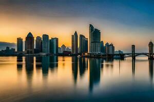 le ville horizon est réfléchi dans le l'eau à le coucher du soleil. généré par ai photo