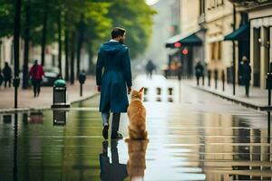 une homme et le sien chien en marchant dans le pluie. généré par ai photo