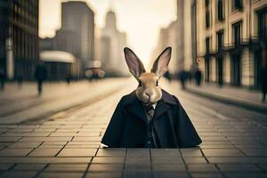 une lapin portant une costume et attacher sur le rue. généré par ai photo