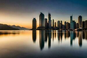 le horizon de Dubai à le coucher du soleil. généré par ai photo