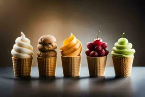 différent les saveurs de la glace crème dans cônes. généré par ai photo